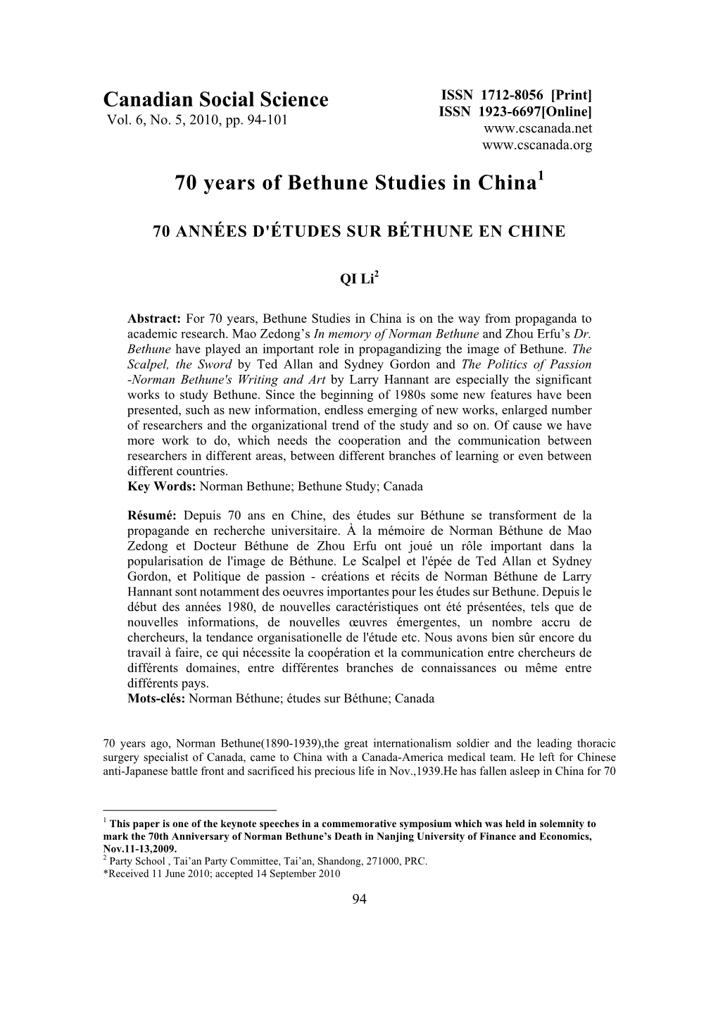 Canadian Social Science 70 Years of Bethune Studies in China