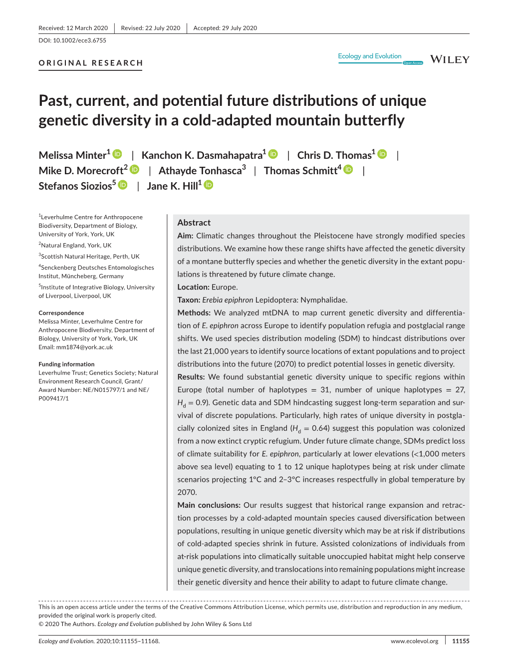 Past, Current, and Potential Future Distributions of Unique Genetic Diversity in a Cold-Adapted Mountain Butterfly