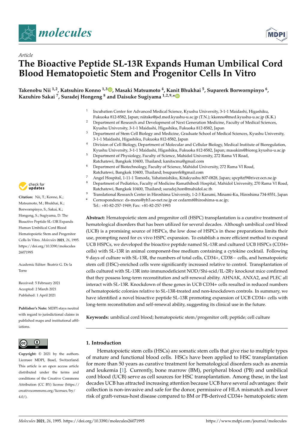 The Bioactive Peptide SL-13R Expands Human Umbilical Cord Blood Hematopoietic Stem and Progenitor Cells in Vitro