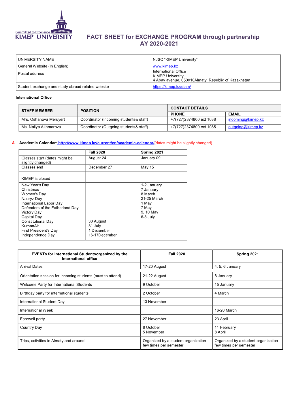 KIMEP University Exchange Fact Sheet