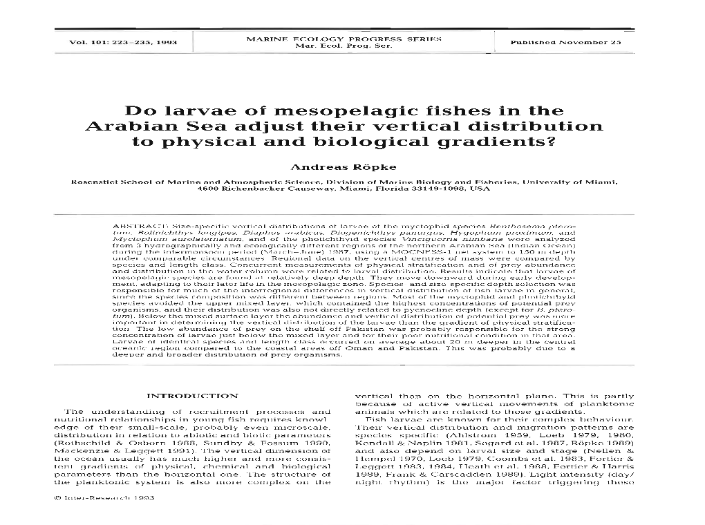 Do Larvae of Mesopelagic Fishes in the Arabian Sea Adjust Their Vertical Distribution to Physical and Biological Gradients?