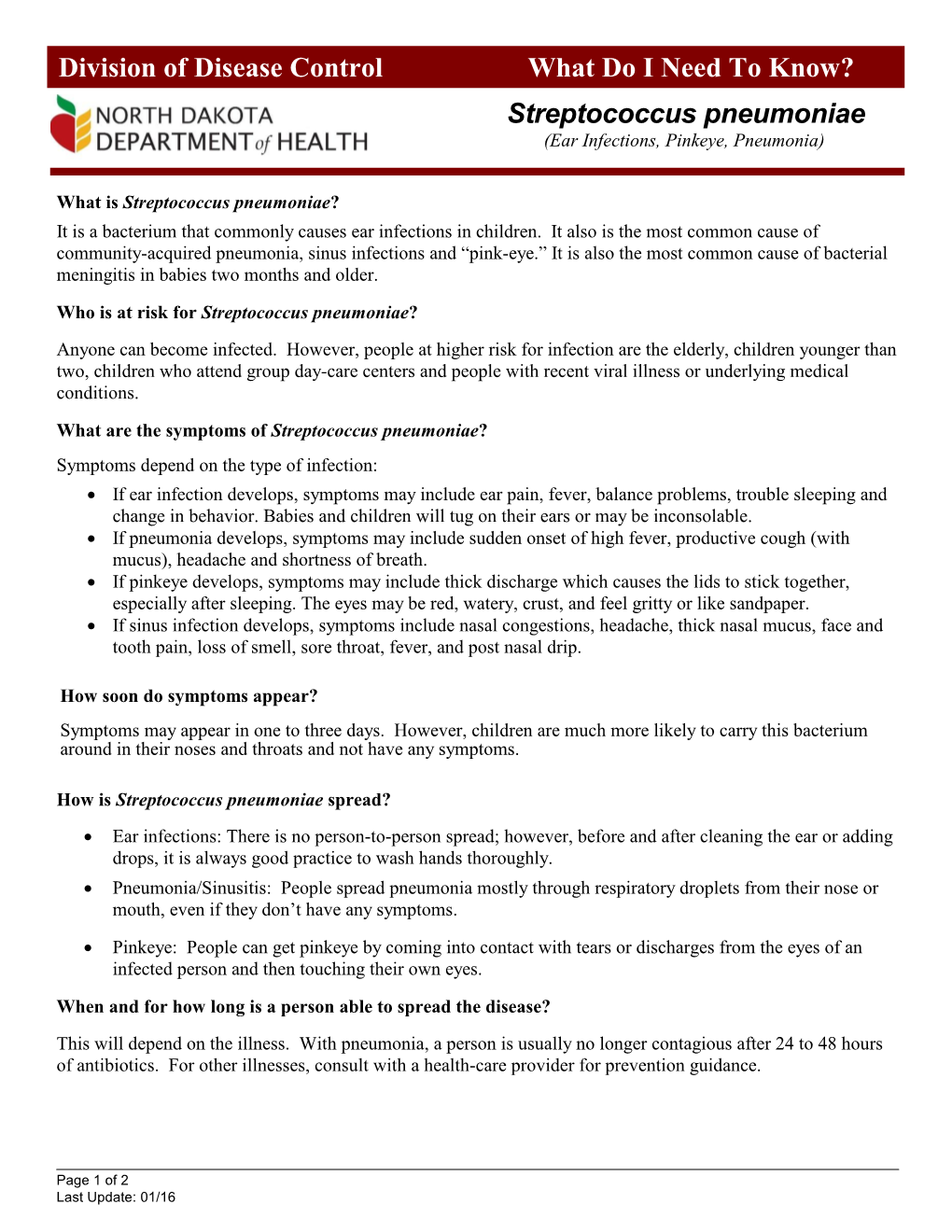 Streptococcus Pneumoniae Division of Disease Control What Do I Need