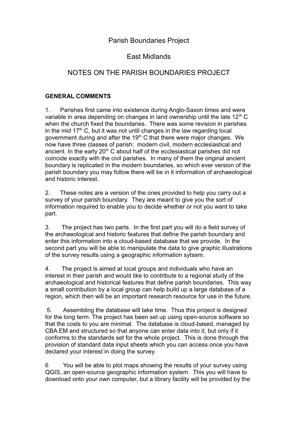 Parish Boundaries Project East Midlands NOTES on the PARISH