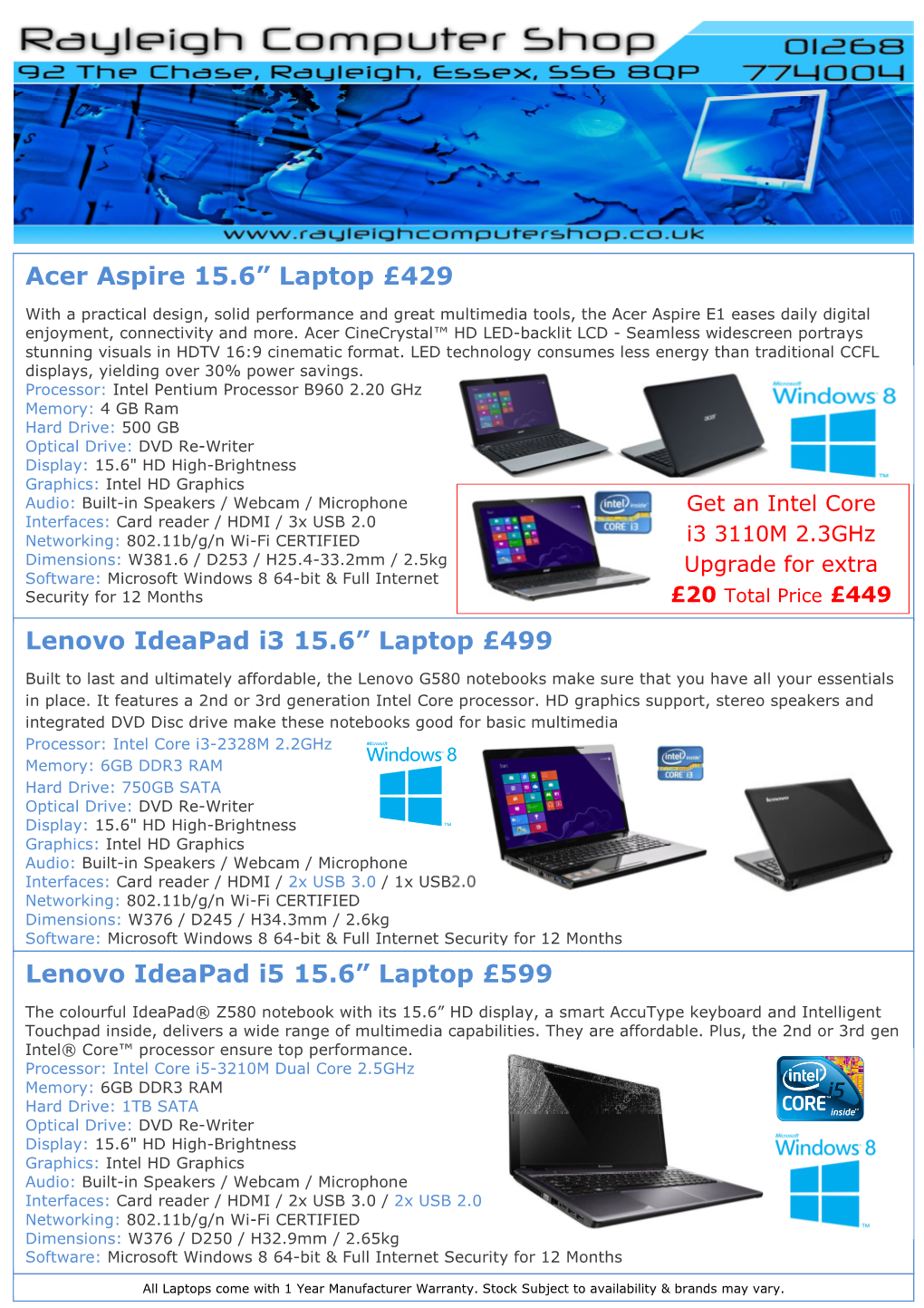 Acer Aspire 15.6” Laptop £429 Lenovo Ideapad I3 15.6” Laptop