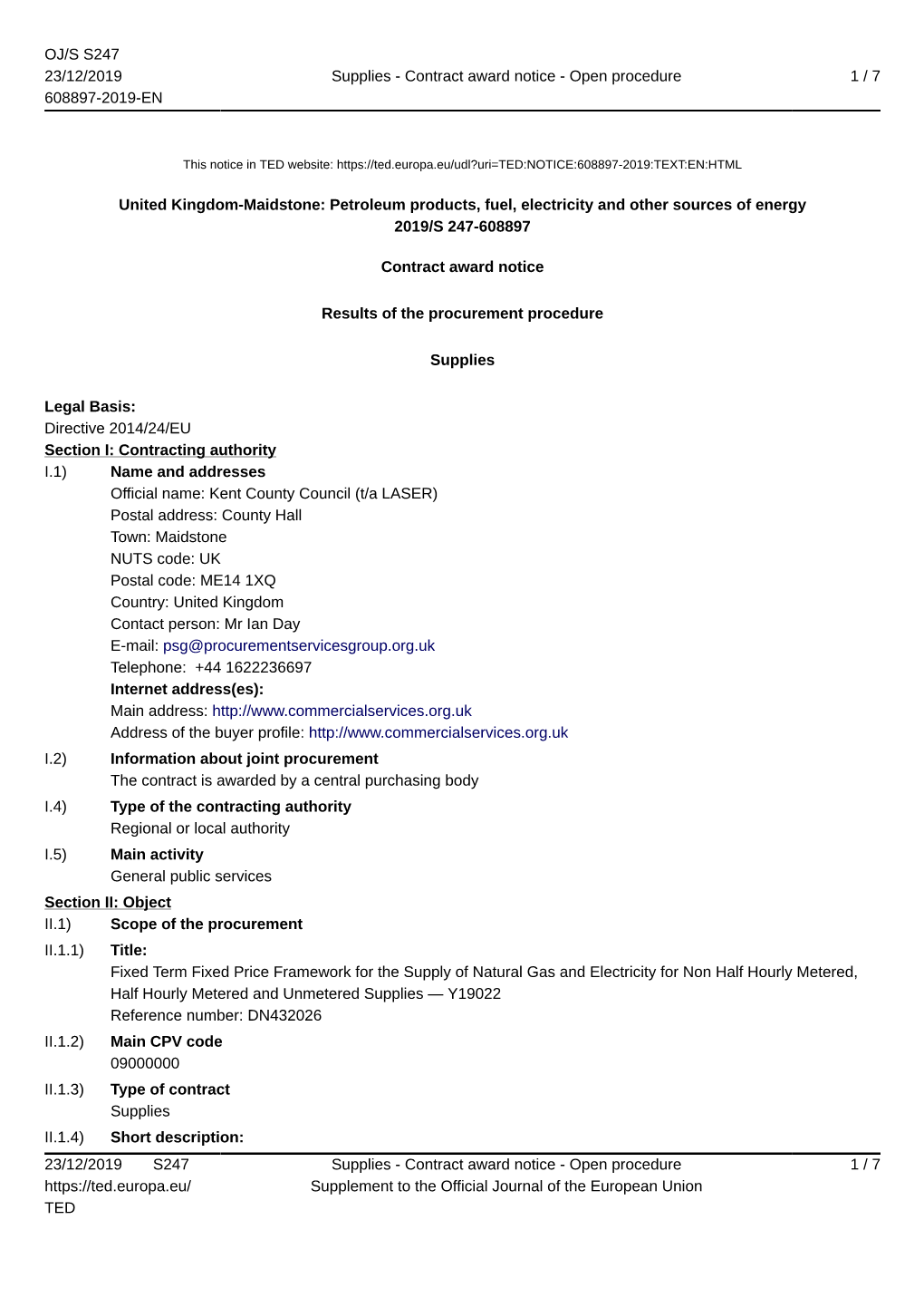 United Kingdom-Maidstone: Petroleum Products, Fuel, Electricity and Other Sources of Energy 2019/S 247-608897