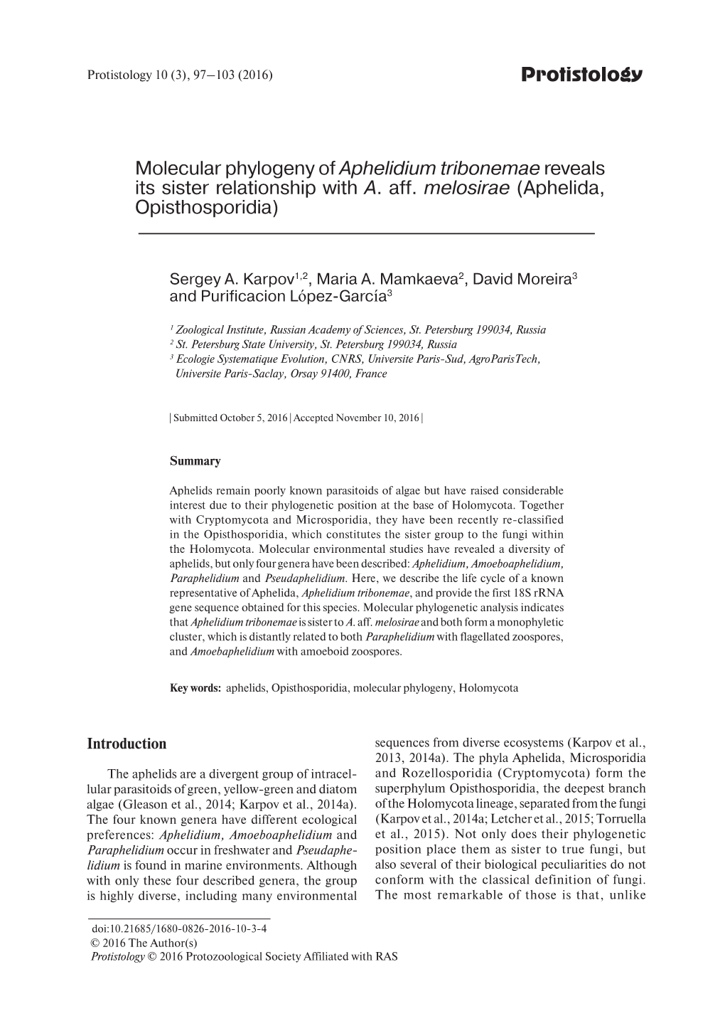 Protistology Molecular Phylogeny of Aphelidium Tribonemae Reveals Its