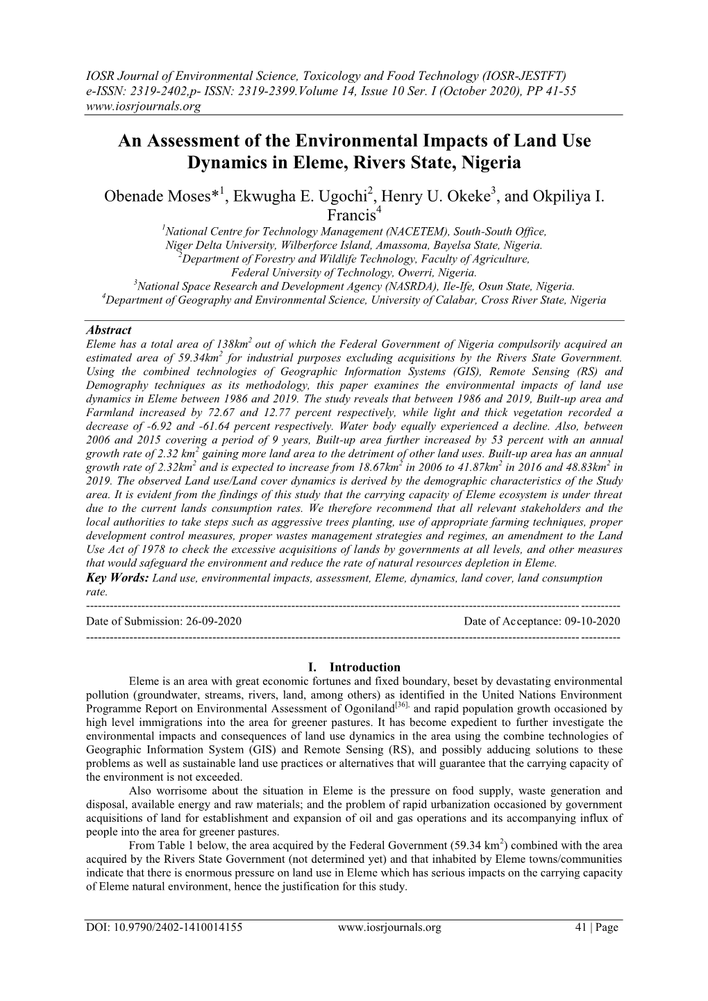 An Assessment of the Environmental Impacts of Land Use Dynamics in Eleme, Rivers State, Nigeria