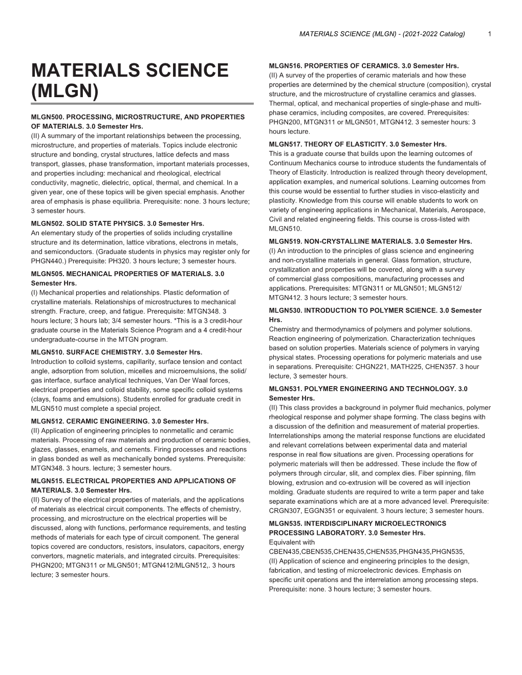 MATERIALS SCIENCE (MLGN) - (2021-2022 Catalog) 1