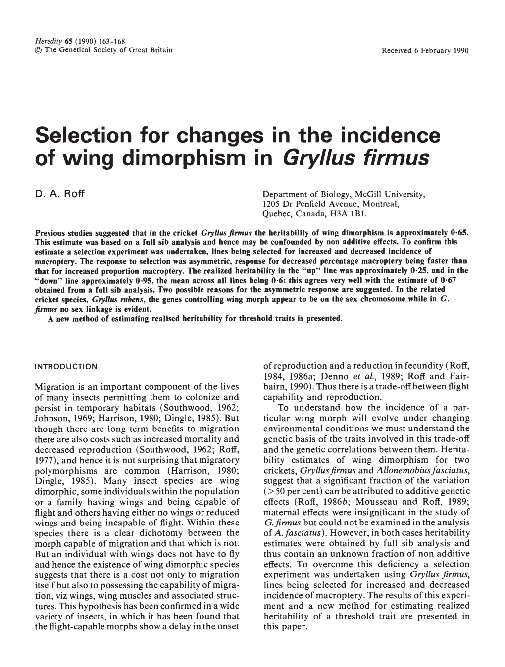 Of Wing Dimorphism in Gryllus Firmus