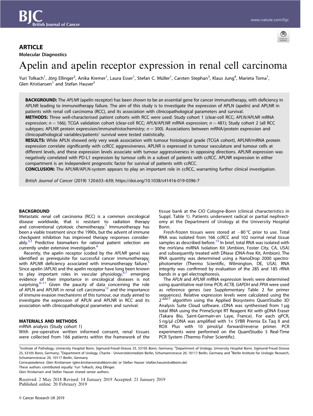 Apelin and Apelin Receptor Expression in Renal Cell Carcinoma