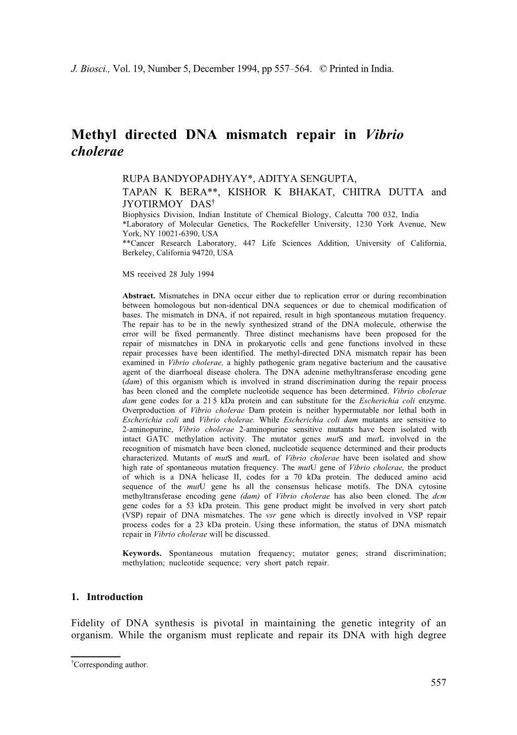 Methyl Directed DNA Mismatch Repair in Vibrio Cholerae