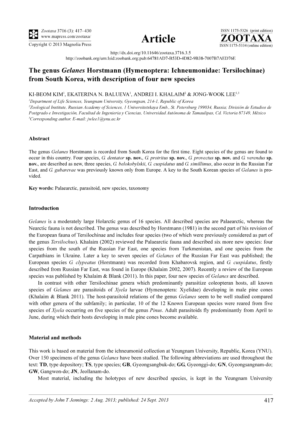 Hymenoptera: Ichneumonidae: Tersilochinae) from South Korea, with Description of Four New Species