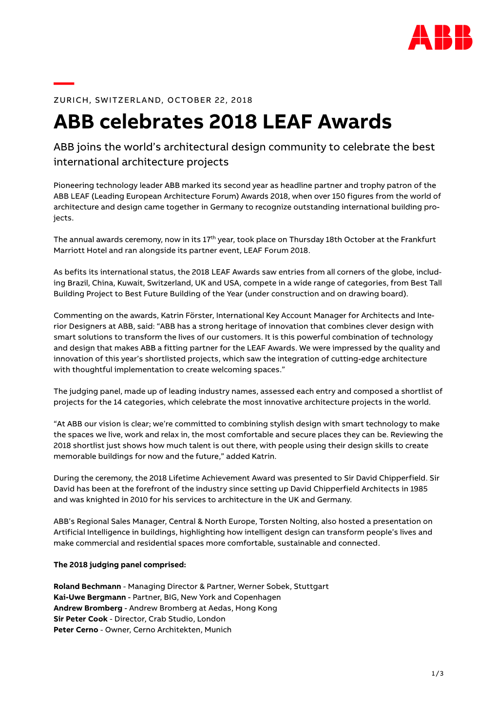 ABB Celebrates 2018 LEAF Awards ABB Joins the World’S Architectural Design Community to Celebrate the Best International Architecture Projects