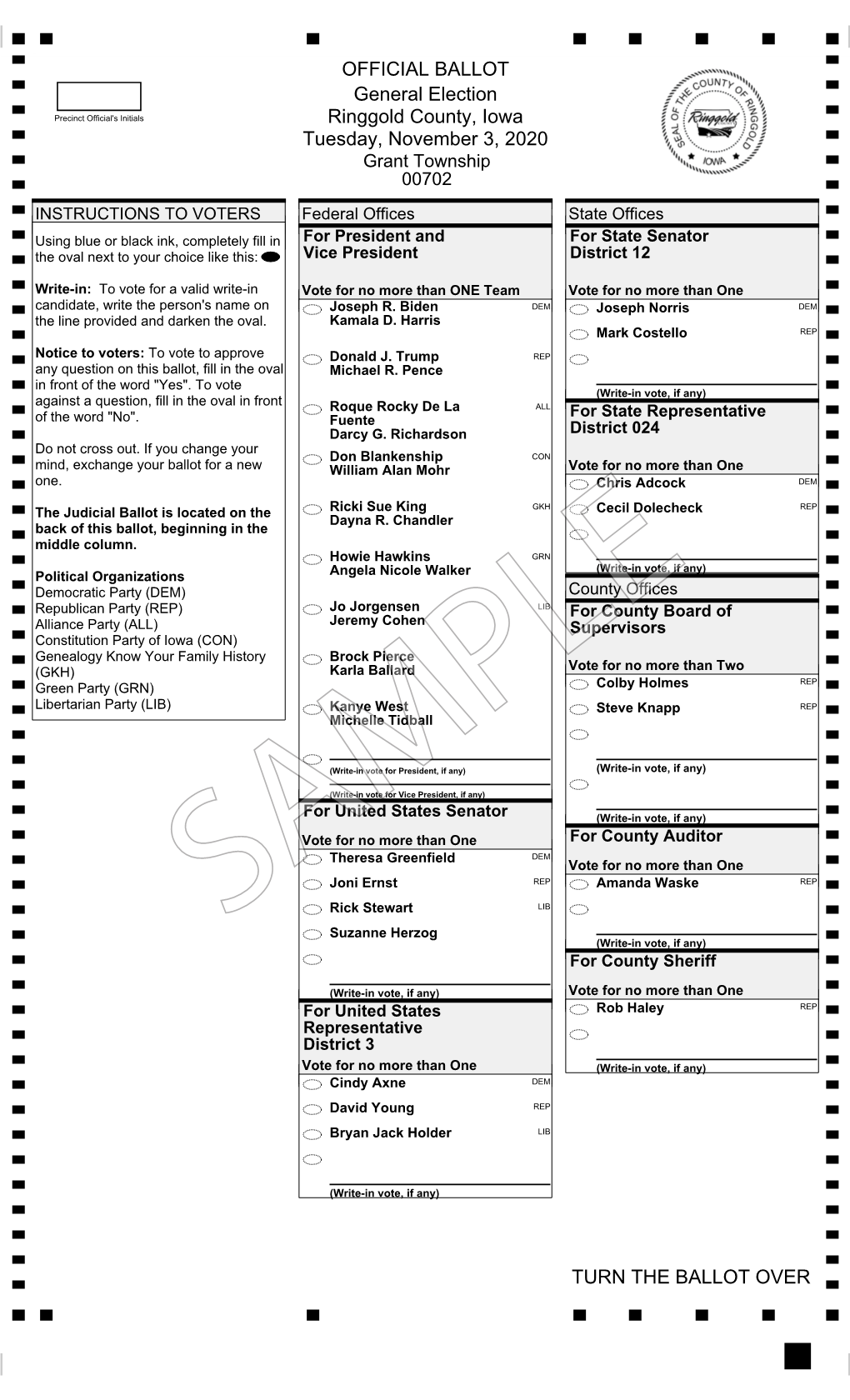 OFFICIAL BALLOT General Election Ringgold County, Iowa Tuesday