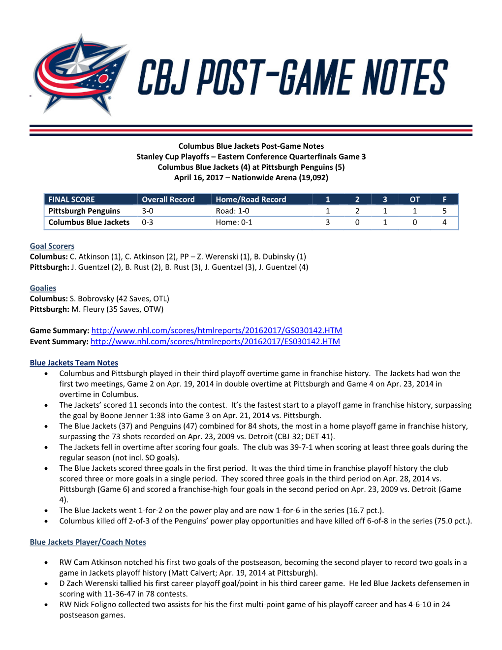 Columbus Blue Jackets Post-Game Notes