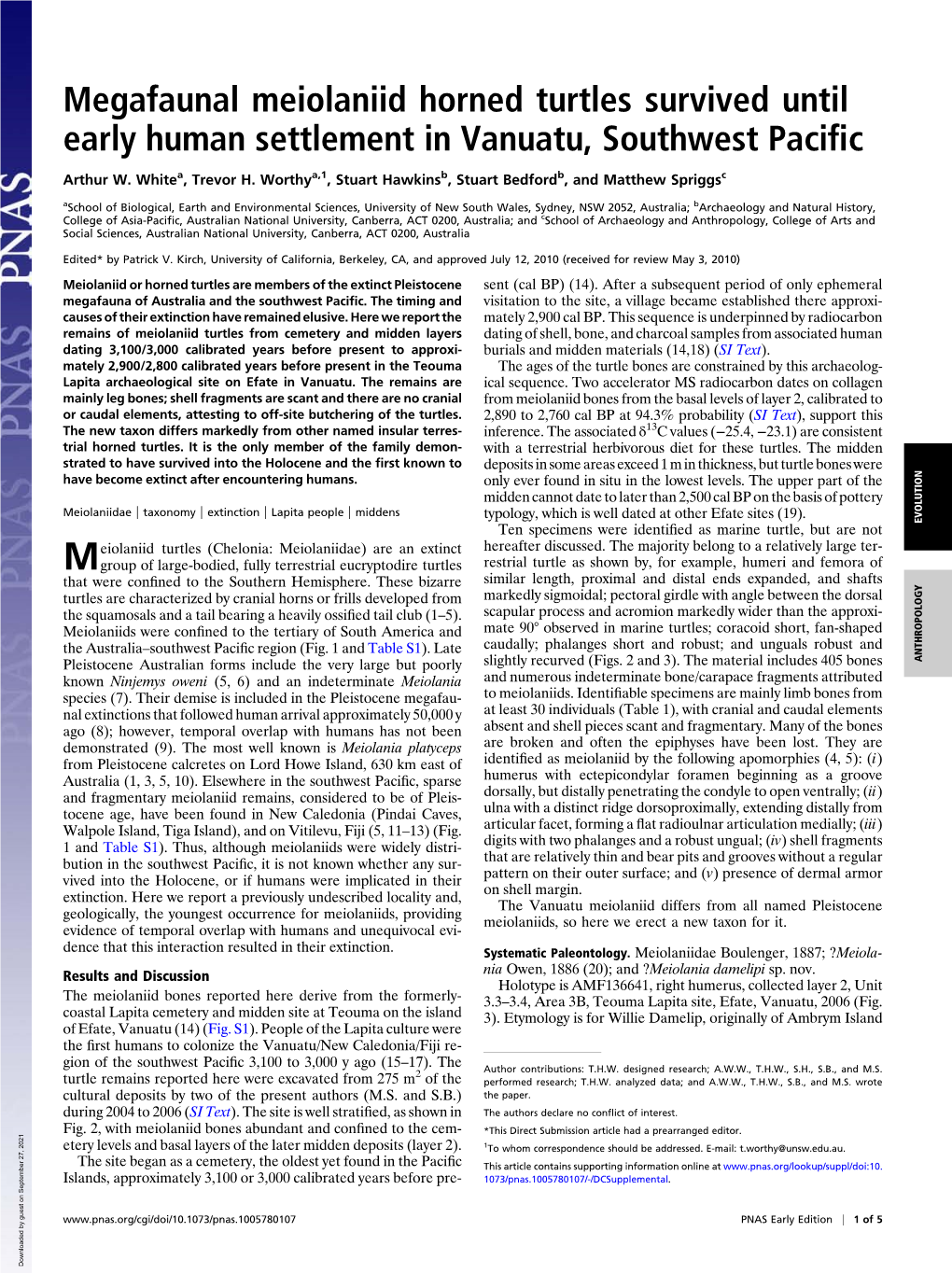 Megafaunal Meiolaniid Horned Turtles Survived Until Early Human Settlement in Vanuatu, Southwest Paciﬁc