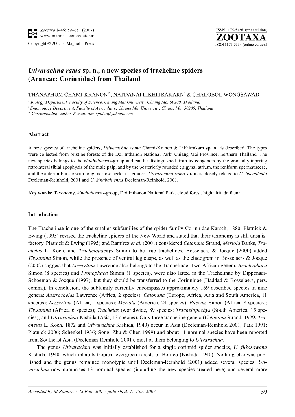 Zootaxa,Utivarachna Rama Sp. N., a New Species of Tracheline Spiders