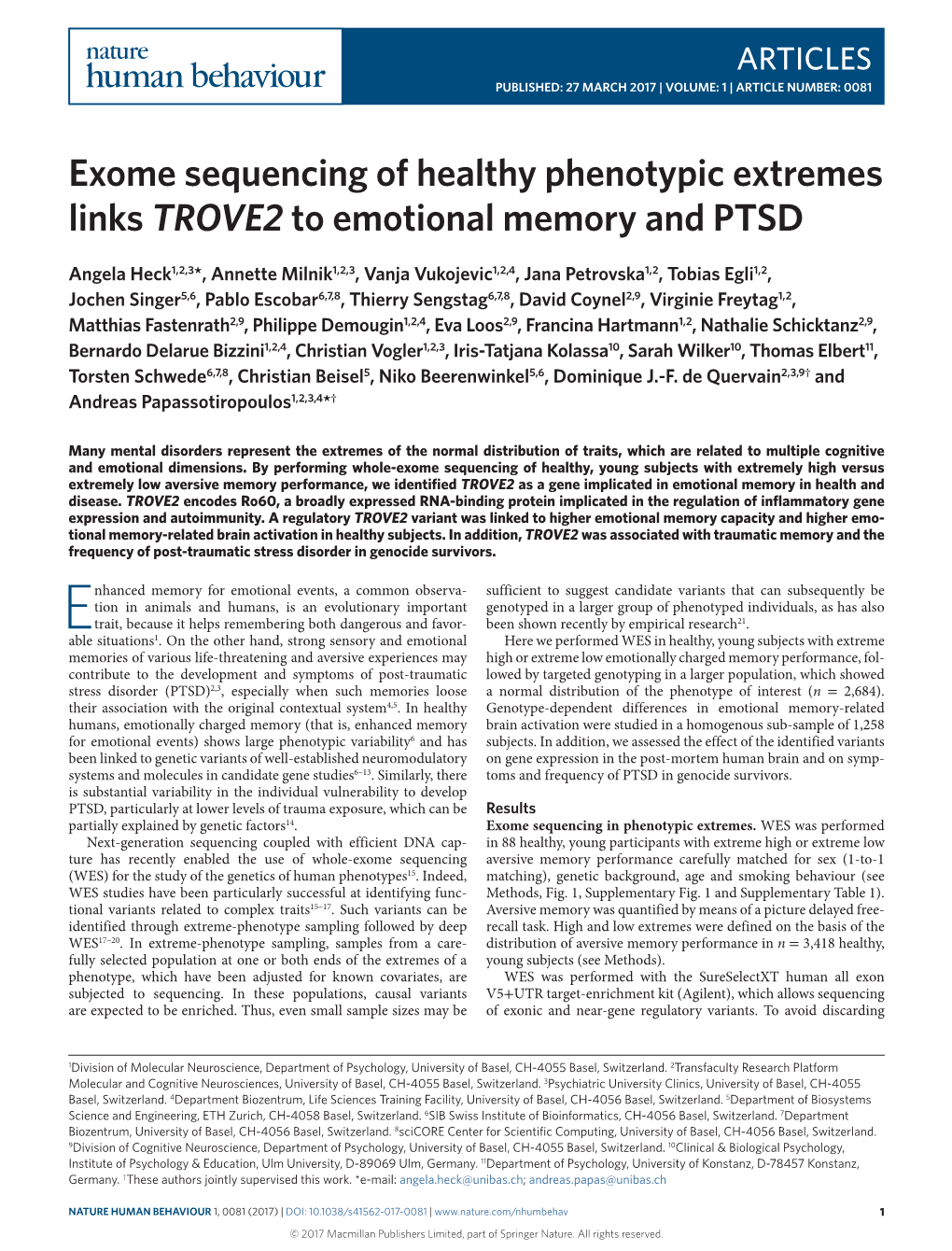 Exome Sequencing of Healthy Phenotypic Extremes Links TROVE2 to Emotional Memory and PTSD