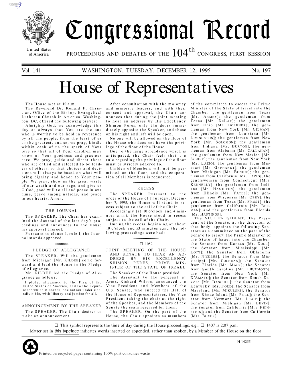 Congressional Record United States Th of America PROCEEDINGS and DEBATES of the 104 CONGRESS, FIRST SESSION