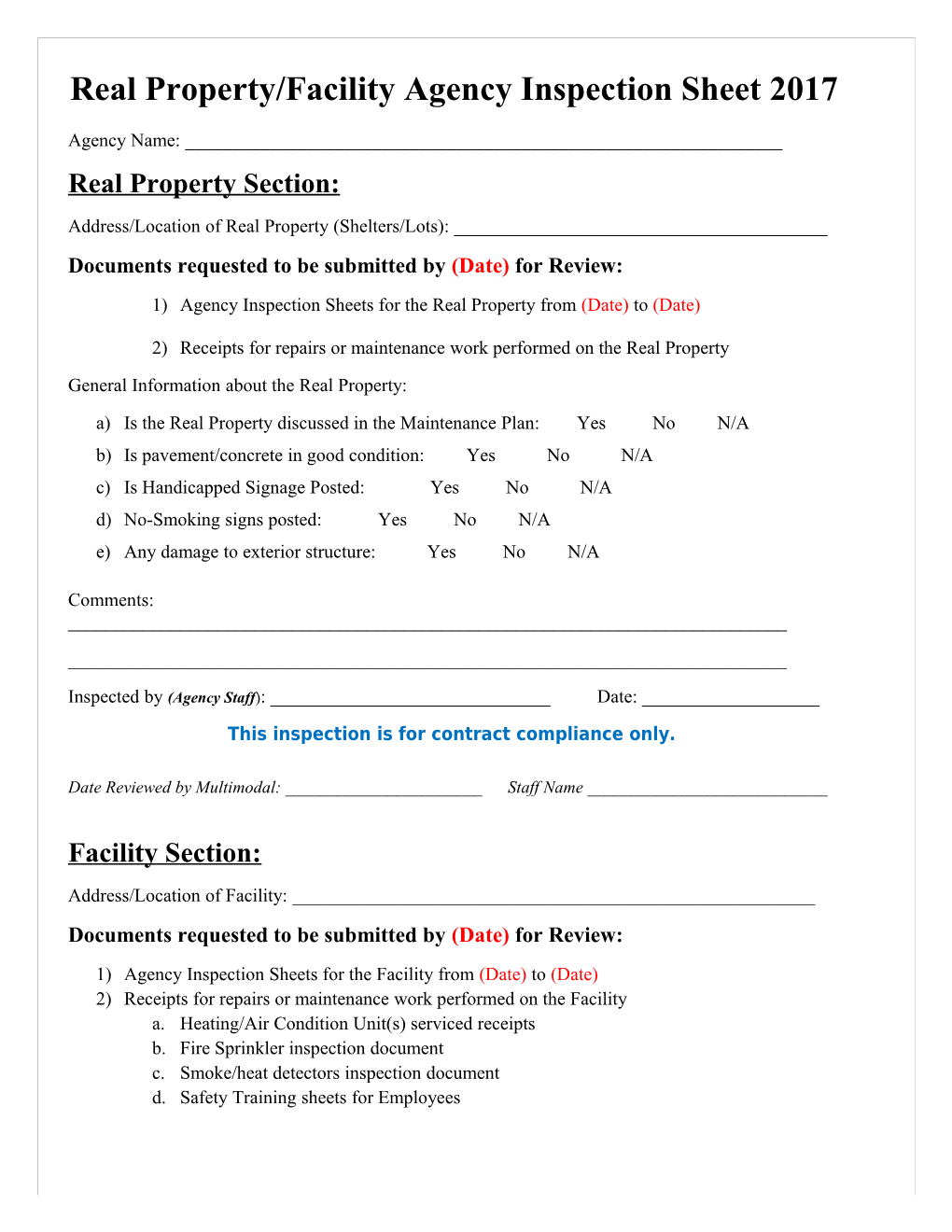 Real Property/Facility Agency Inspection Sheet 2017