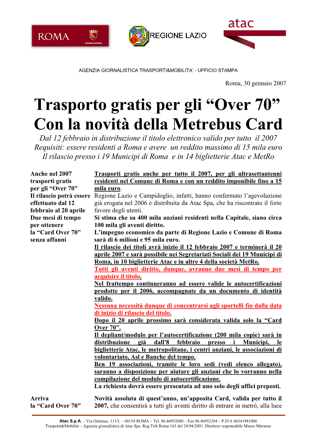 Trasporto Gratis Per Gli “Over 70” Con La Novità Della Metrebus Card