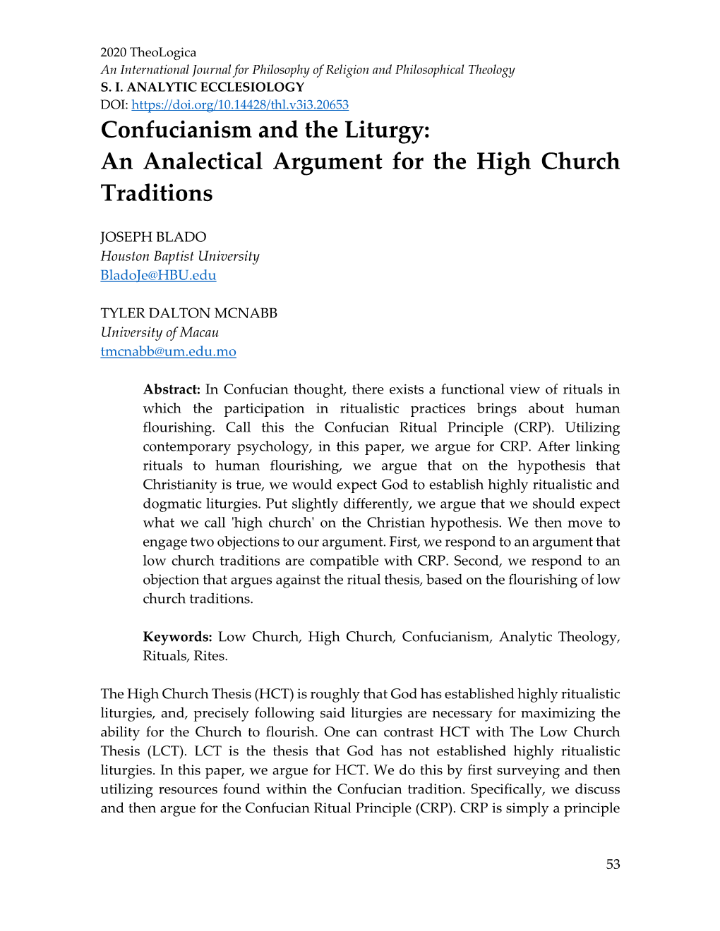 An Analectical Argument for the High Church Traditions