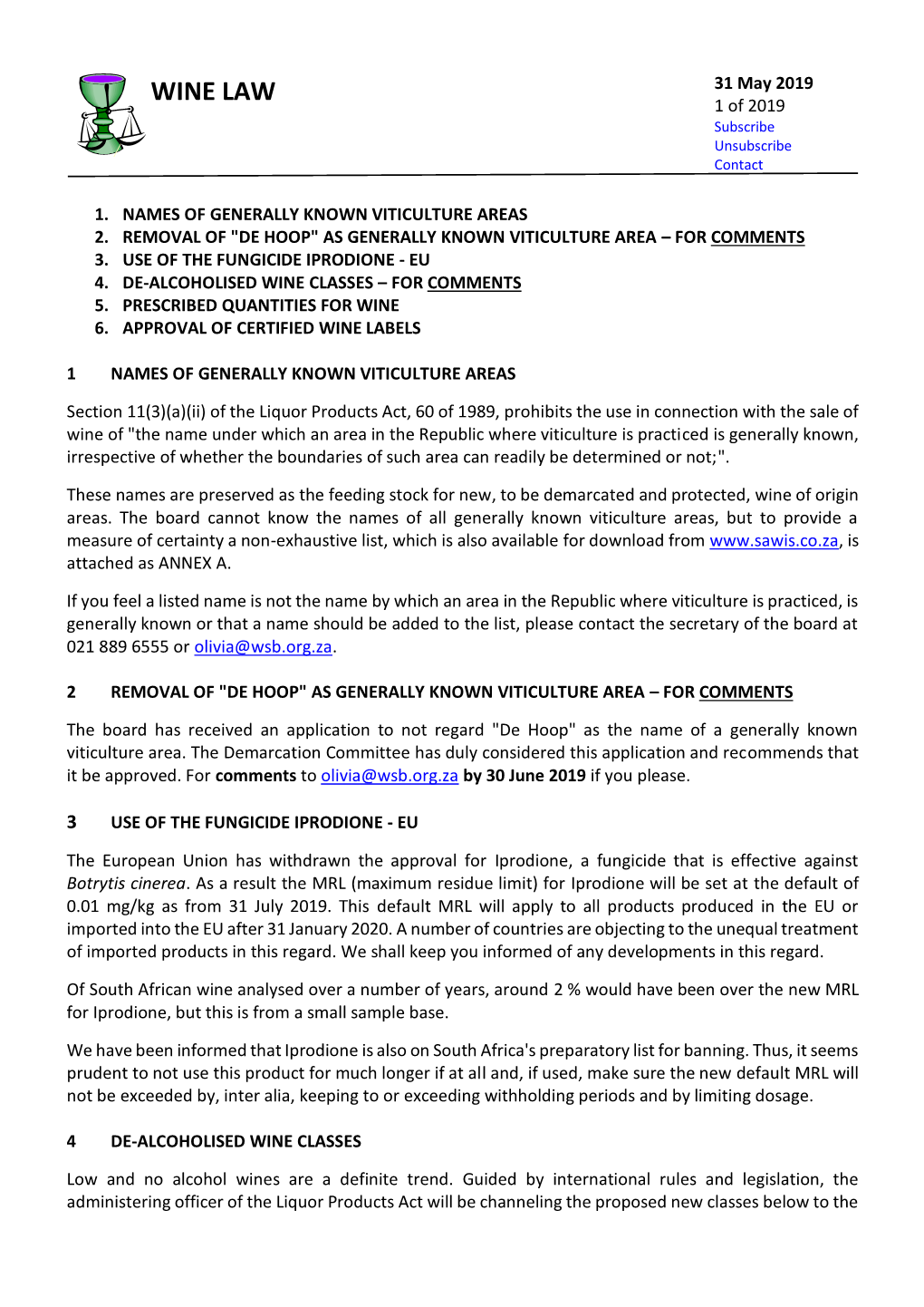 WINE LAW 31 May 2019 1 of 2019 Subscribe Unsubscribe Contact