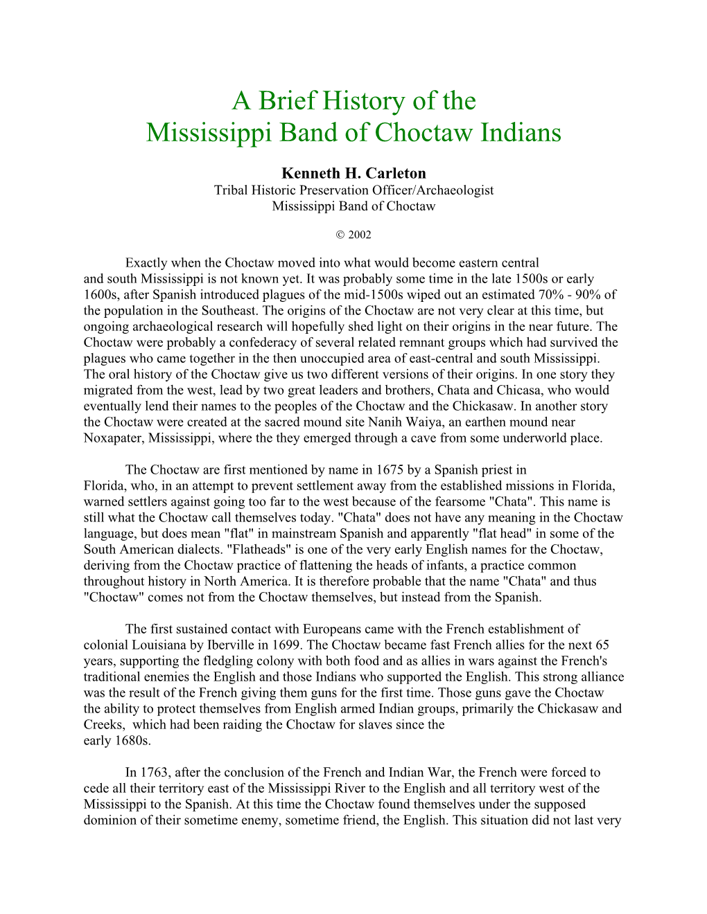 A Brief History of the Mississippi Band of Choctaw Indians