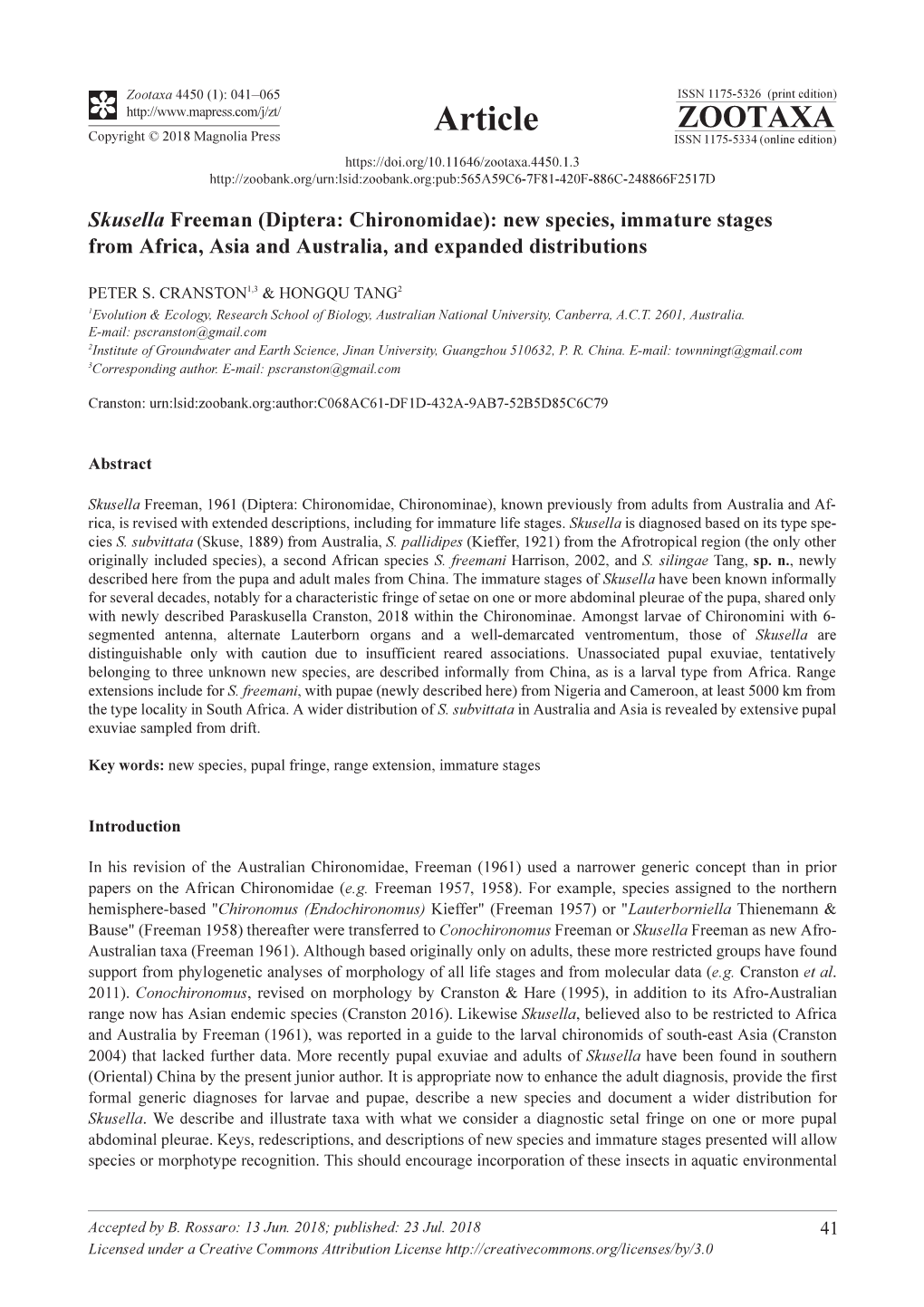 Skusella Freeman (Diptera: Chironomidae): New Species, Immature Stages from Africa, Asia and Australia, and Expanded Distributions