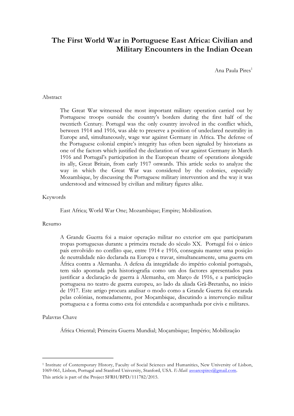 The First World War in Portuguese East Africa: Civilian and Military Encounters in the Indian Ocean