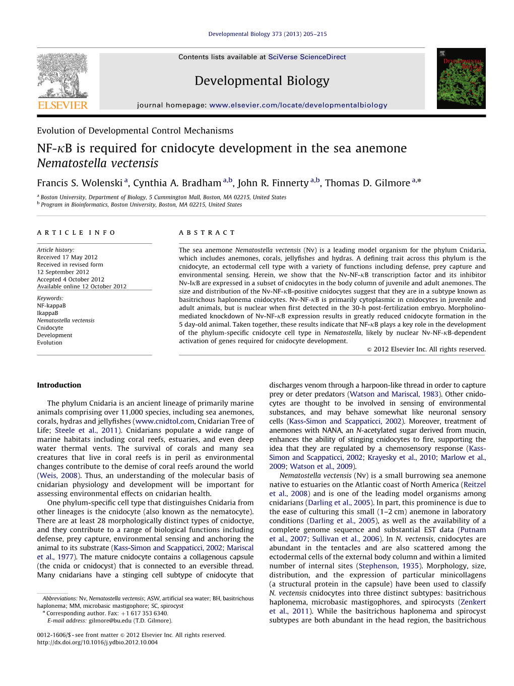 NF-Κb Is Required for Cnidocyte Development in the Sea Anemone