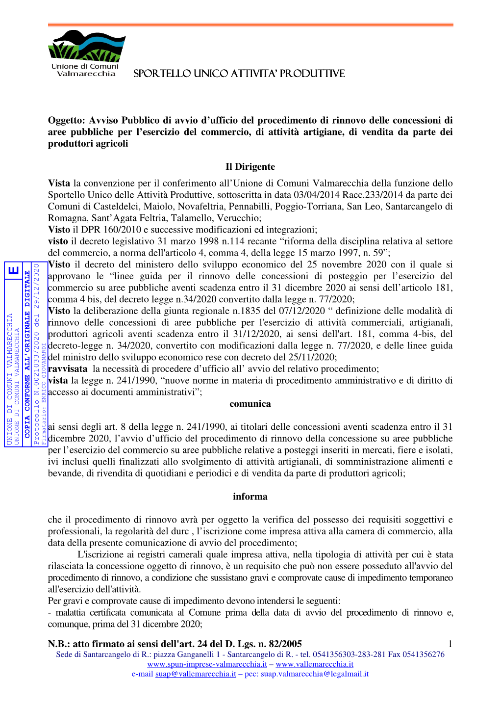 Atto Firmato Ai Sensi Dell'art. 24 Del D. Lgs. N. 82/2005 1 Sede Di Santarcangelo Di R.: Piazza Ganganelli 1 - Santarcangelo Di R