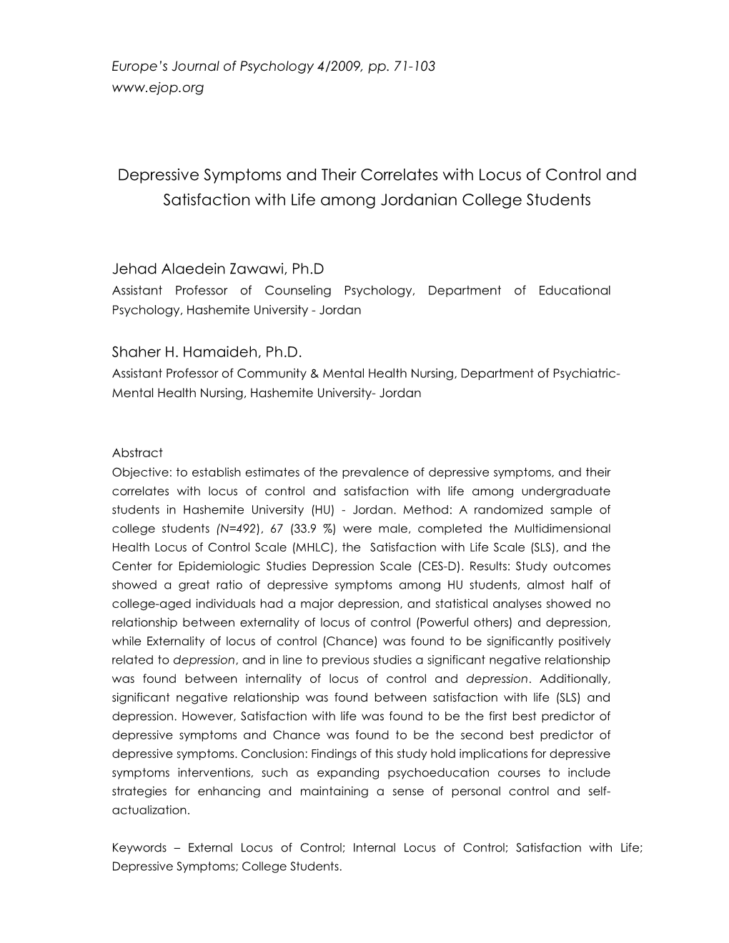 Depressive Symptoms and Their Correlates with Locus of Control and Satisfaction with Life Among Jordanian College Students