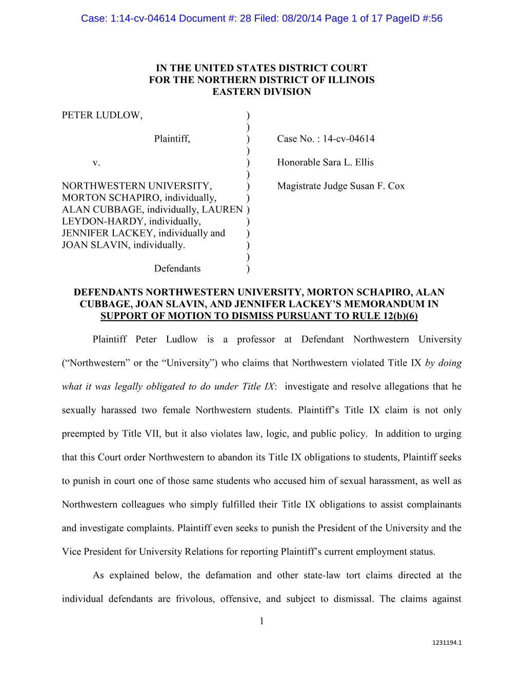 1:14-Cv-04614 Document #: 28 Filed: 08/20/14 Page 1 of 17 Pageid #:56