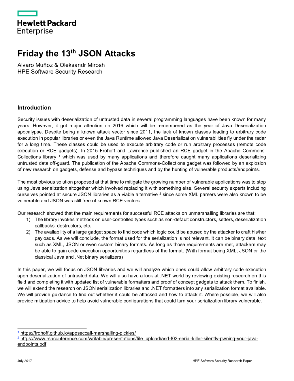 Friday the 13Th JSON Attacks Alvaro Muñoz & Oleksandr Mirosh HPE Software Security Research