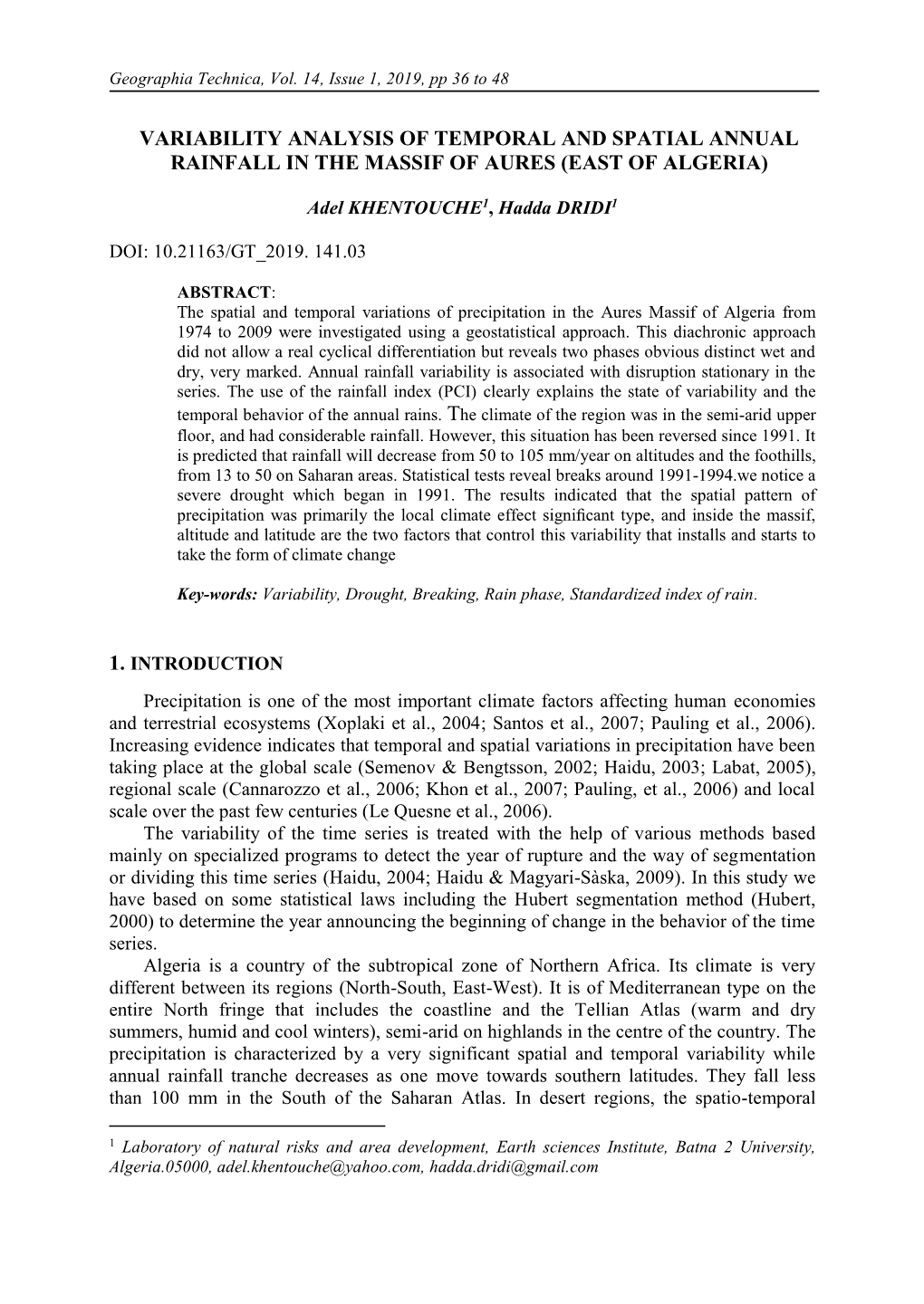 Variability Analysis of Temporal and Spatial Annual Rainfall in the Massif of Aures (East of Algeria)