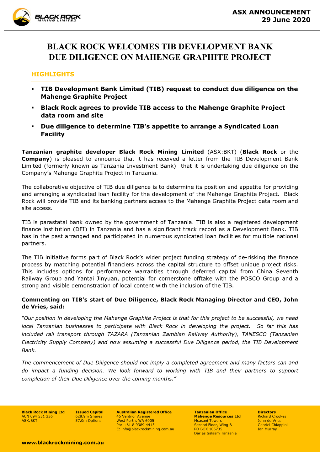 Black Rock Welcomes Tib Development Bank Due Diligence on Mahenge Graphite Project