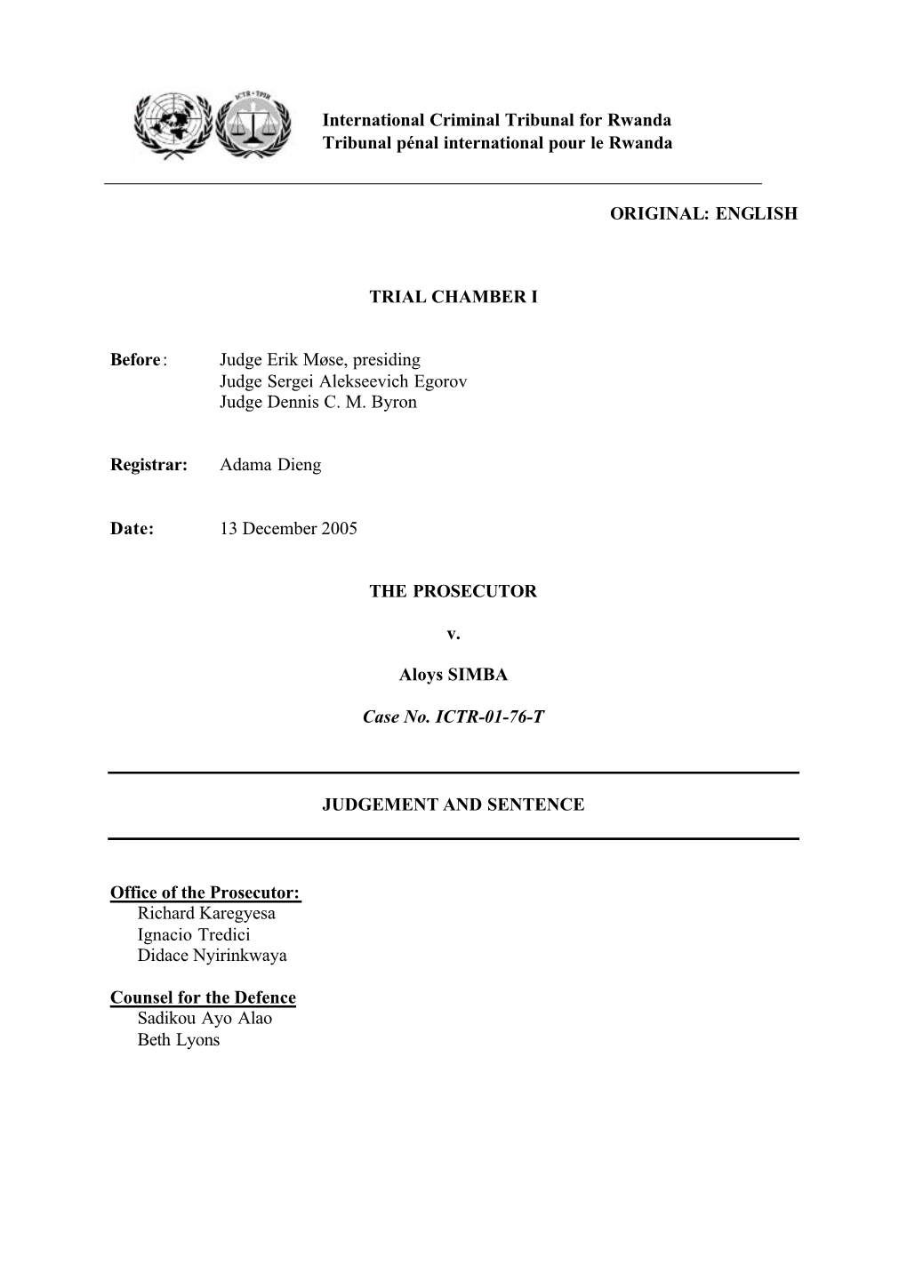 Prosecutor V. Simba, Case No. ICTR-01-76-T, Judgment and Sentence
