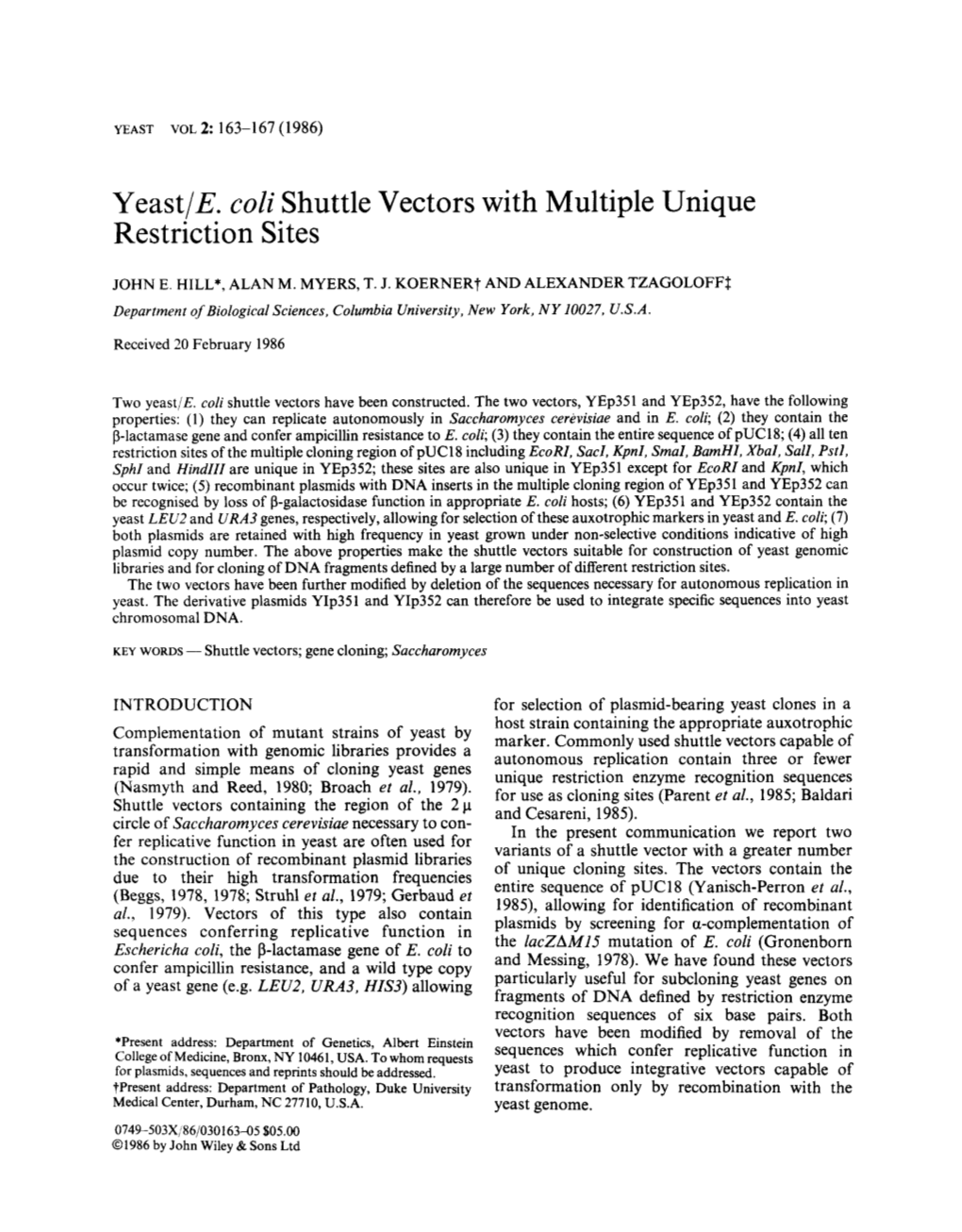 Yeast/E. Coli Shuttle Vectors with Multiple Unique Restriction Sites