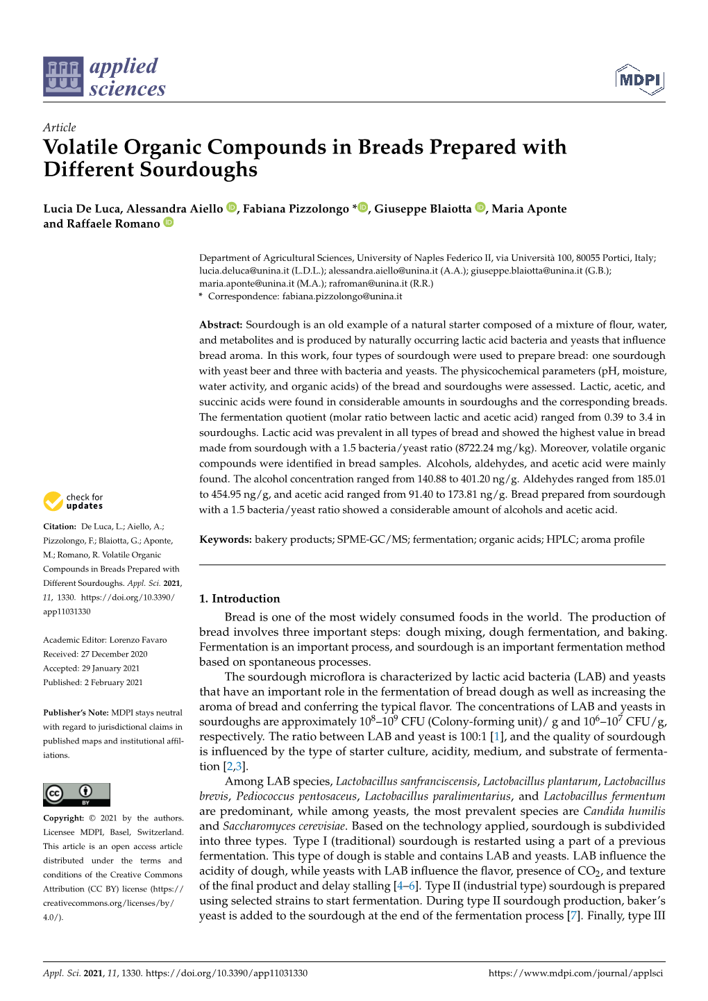 Volatile Organic Compounds in Breads Prepared with Different Sourdoughs