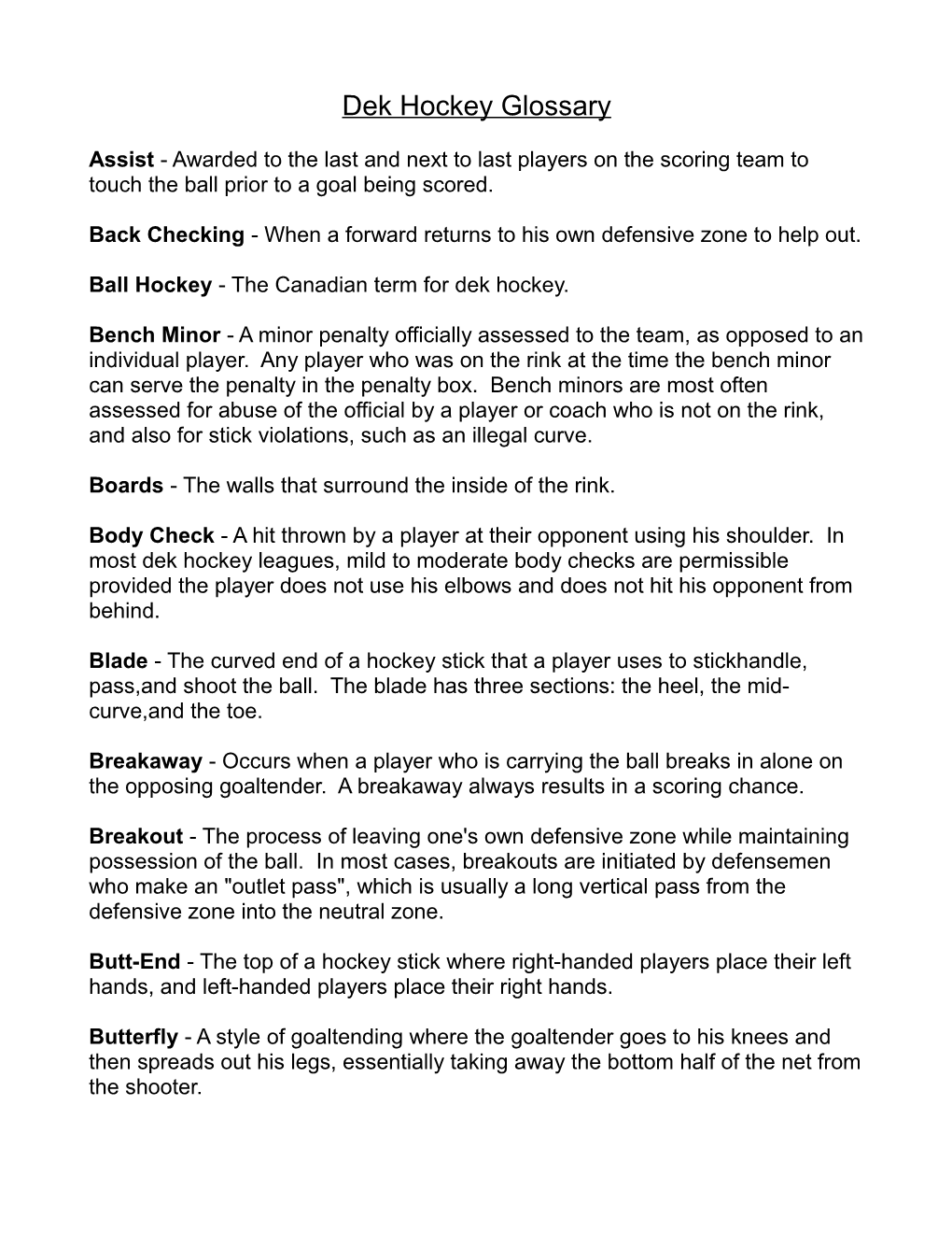 Dek Hockey Glossary