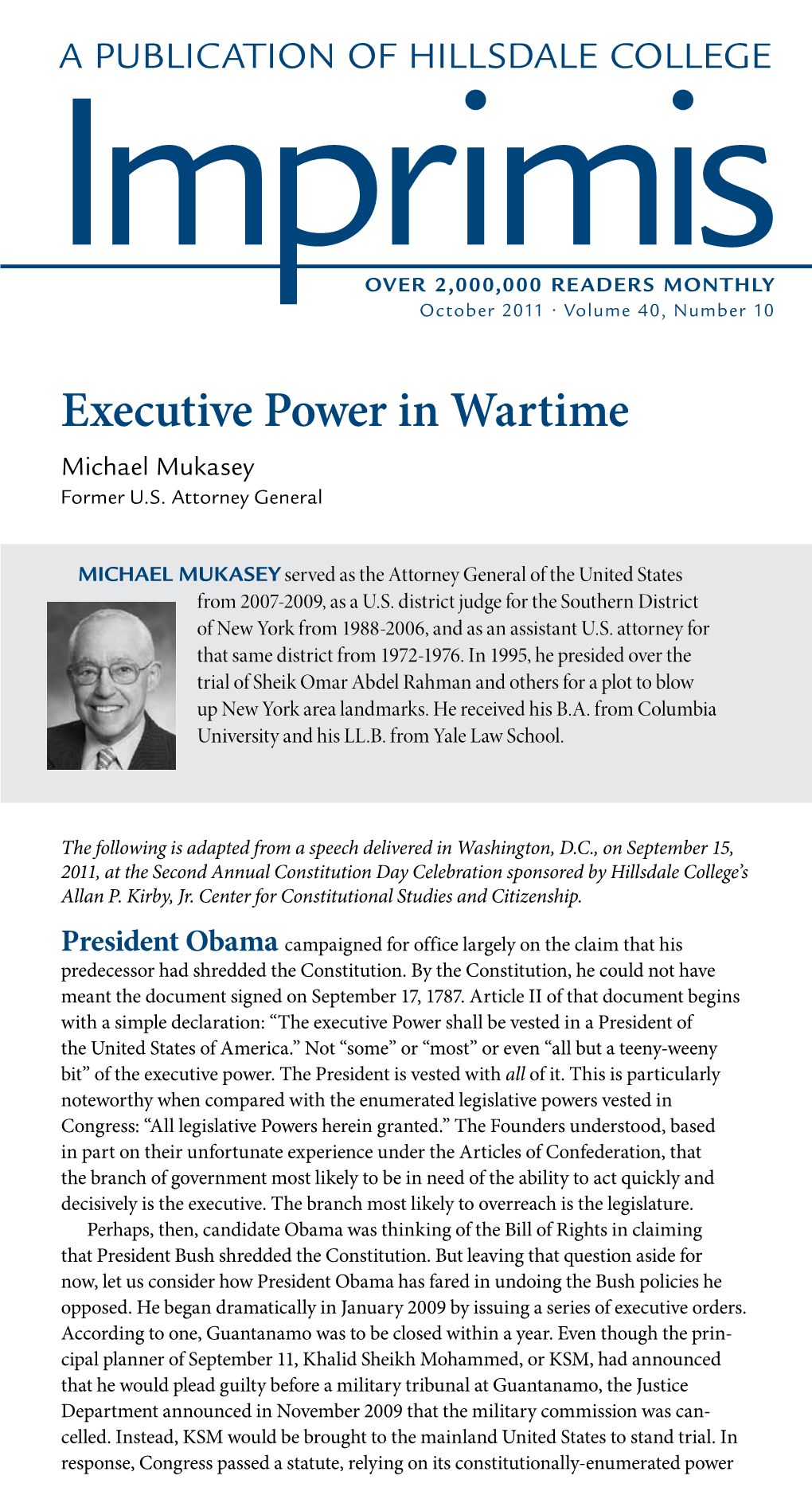 Executive Power in Wartime Michael Mukasey Former U.S