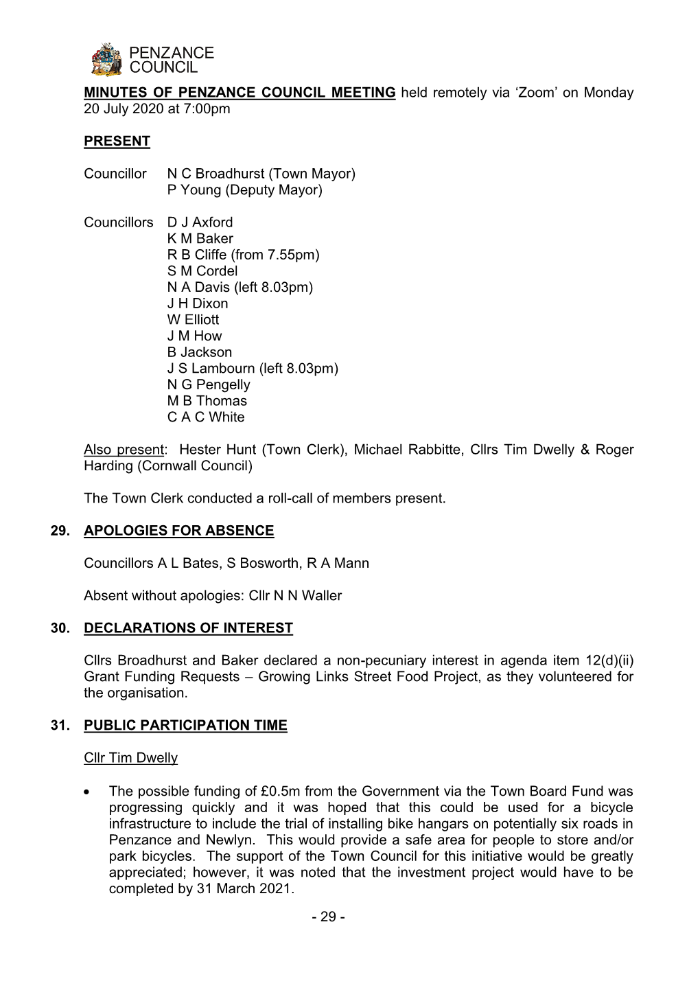 MINUTES of PENZANCE TOWN COUNCIL MEETING Held In