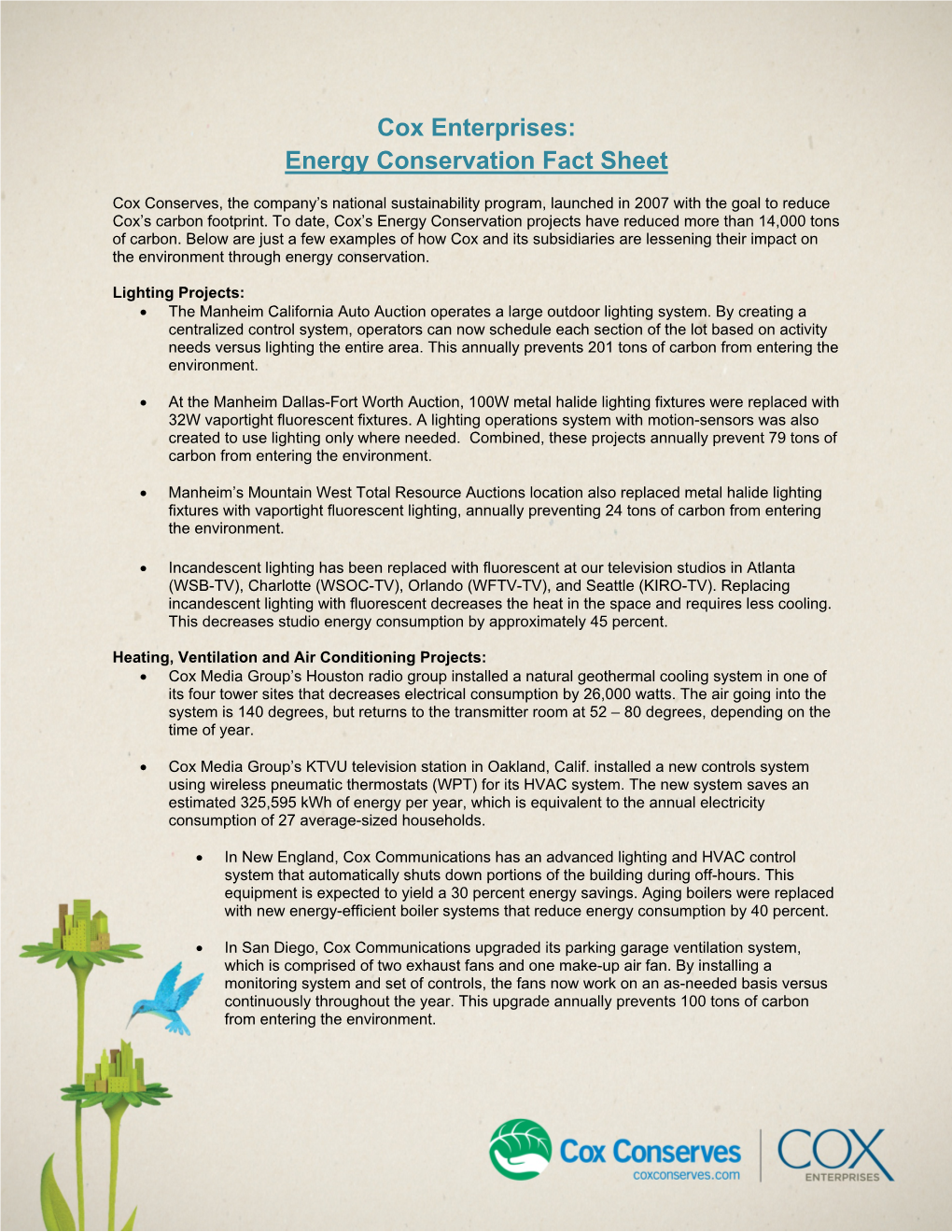 Cox Enterprises: Energy Conservation Fact Sheet