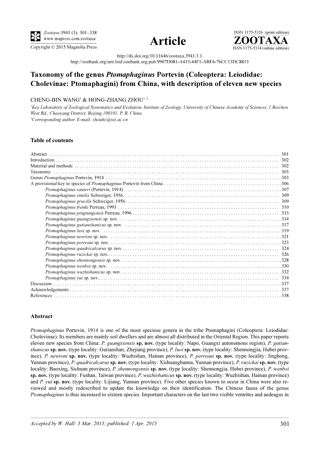 Coleoptera: Leiodidae: Cholevinae: Ptomaphagini) from China, with Description of Eleven New Species