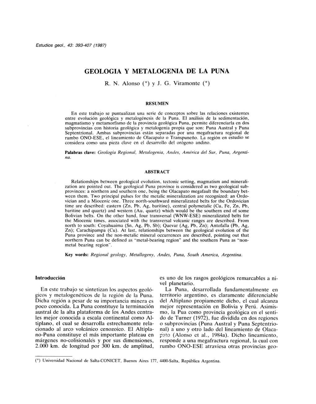 GEOLOGIA Y METALOGENIA DE LA PUNA