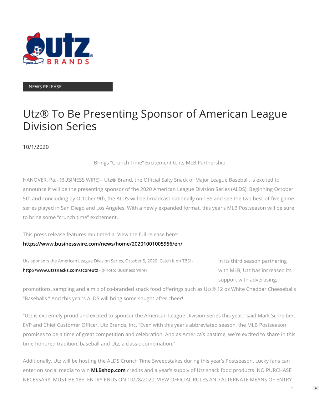 Utz® to Be Presenting Sponsor of American League Division Series