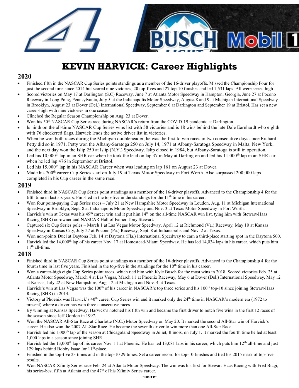 KEVIN HARVICK: Career Highlights 2020  Finished Fifth in the NASCAR Cup Series Points Standings As a Member of the 16-Driver Playoffs