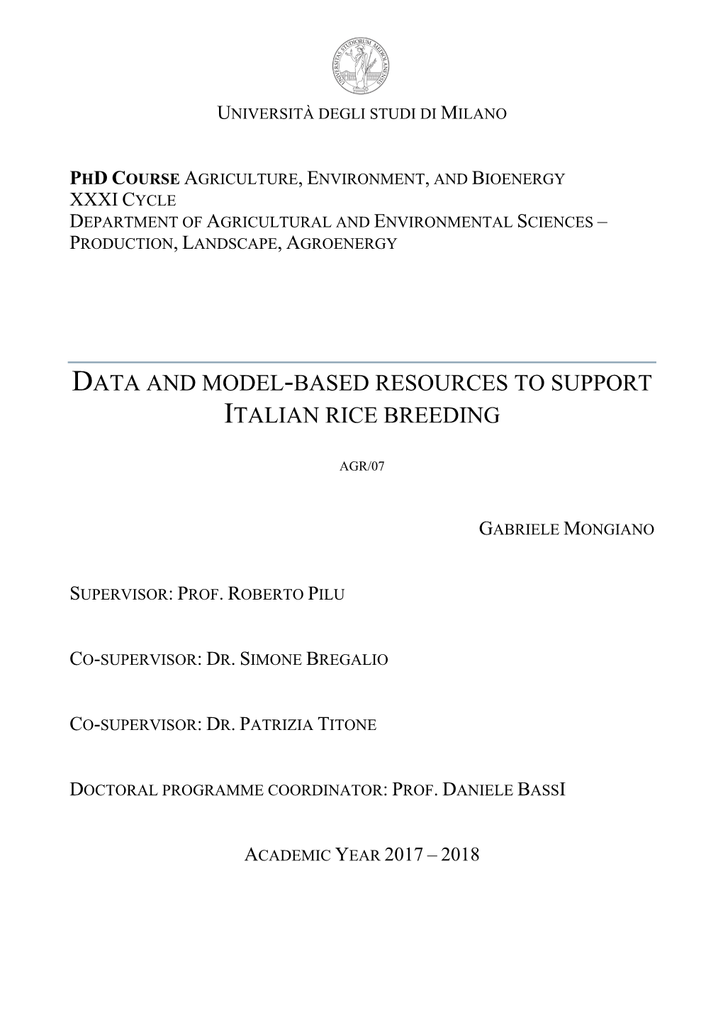 Data and Model-Based Resources to Support Italian Rice Breeding