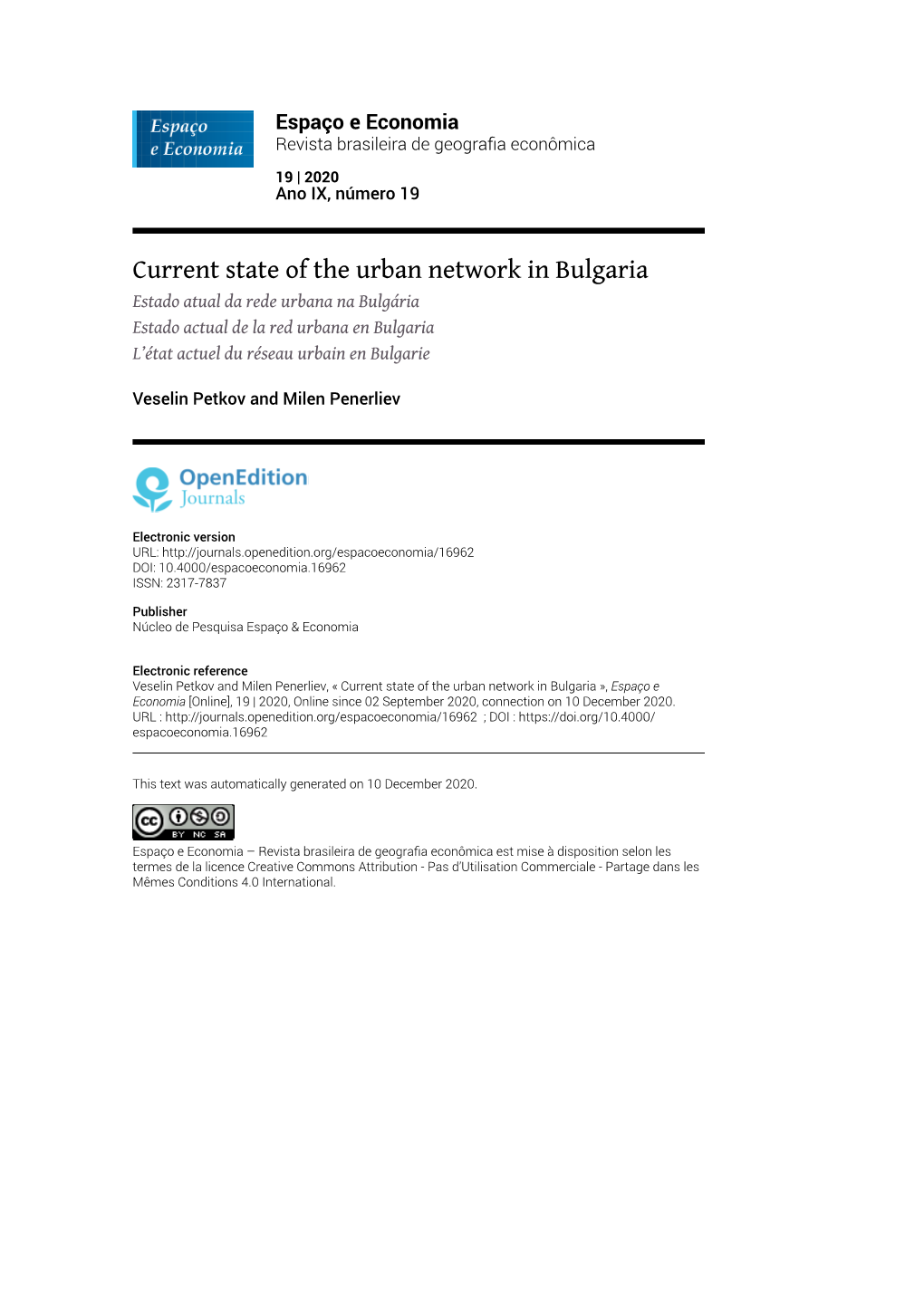 Espaço E Economia, 19 | 2020 Current State of the Urban Network in Bulgaria 2